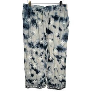 Soft Surroundings Tie Dye Embroidered Cropped Pants L Drawstring Wide Leg